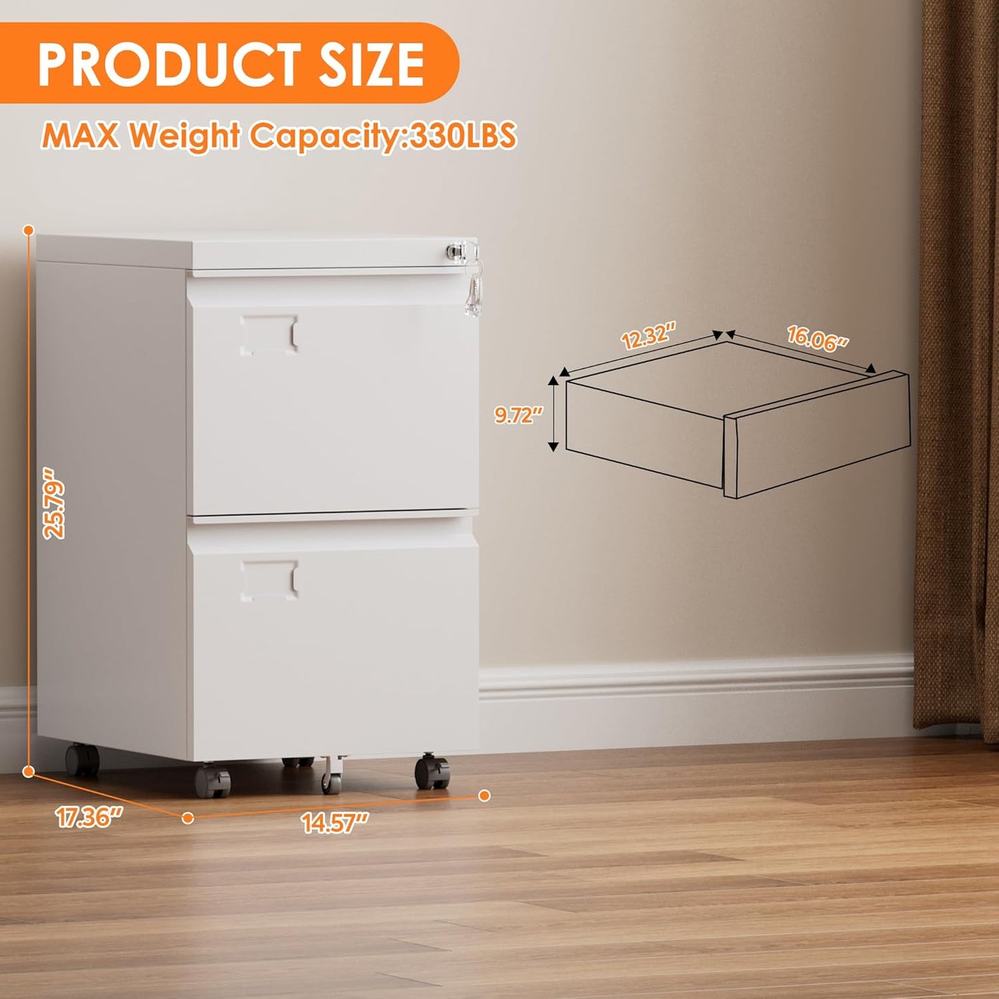 2 Drawers Mobile File Cabinet, Metal Under Desk Cabinet With Lock, For Office & Home, Legal Letter Size, Assembly Required White