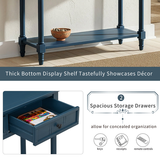 TREXM Daisy Series Console Table Traditional Design With Two Drawers And Bottom Shelf  Dark Navy