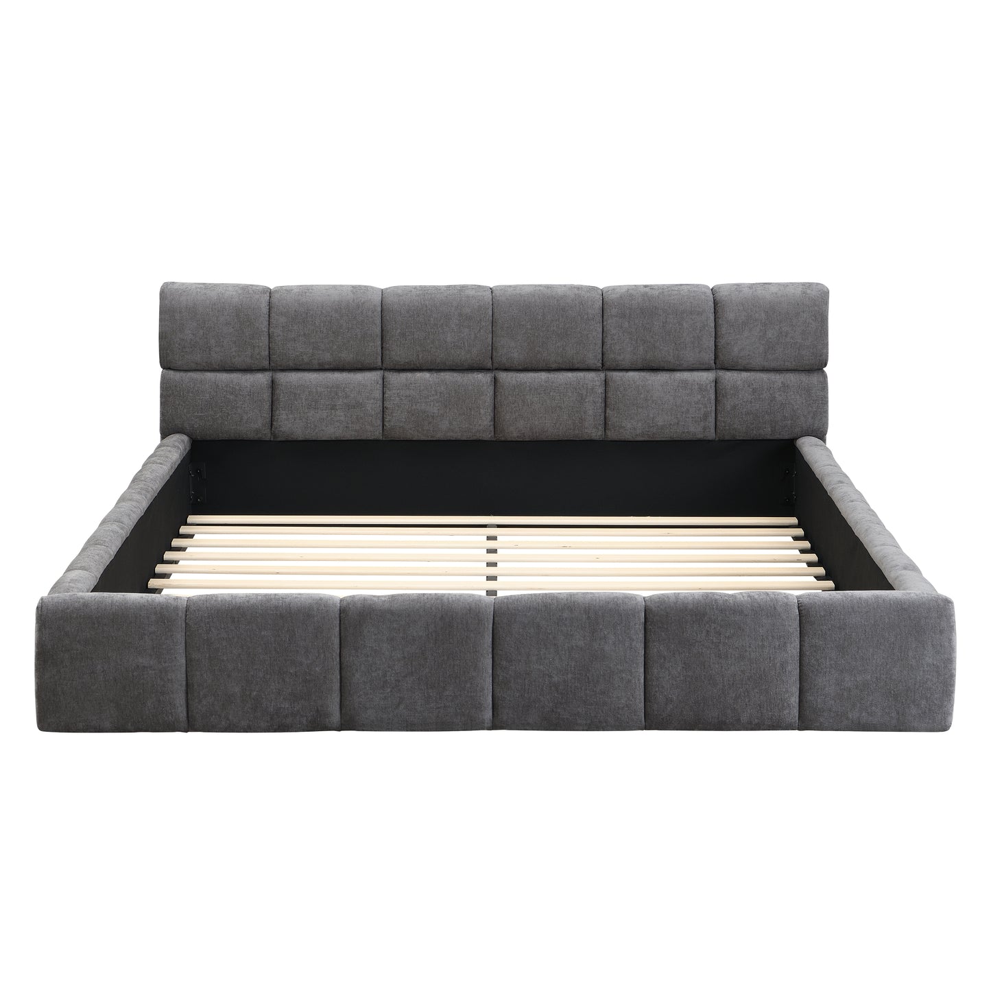 Elegant Chenille Upholstered Bed With Checkerboard Design, Queen, Grey