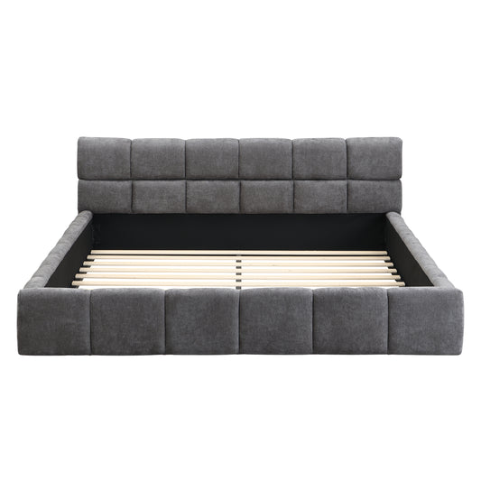 Elegant Chenille Upholstered Bed With Checkerboard Design, Queen, Grey