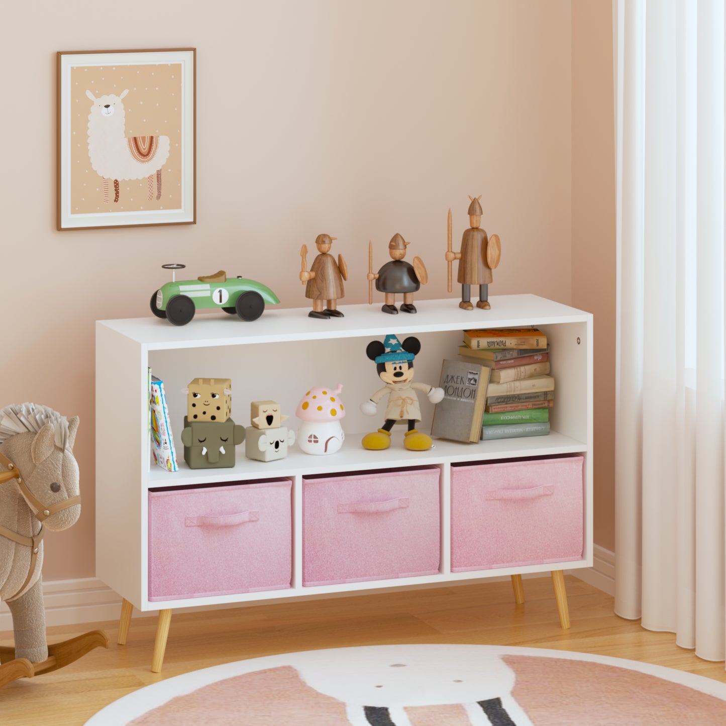 Kids Bookcase With Collapsible Fabric Drawers, Children's Book Display, Toy Storage Cabinet Organizer, White Pink