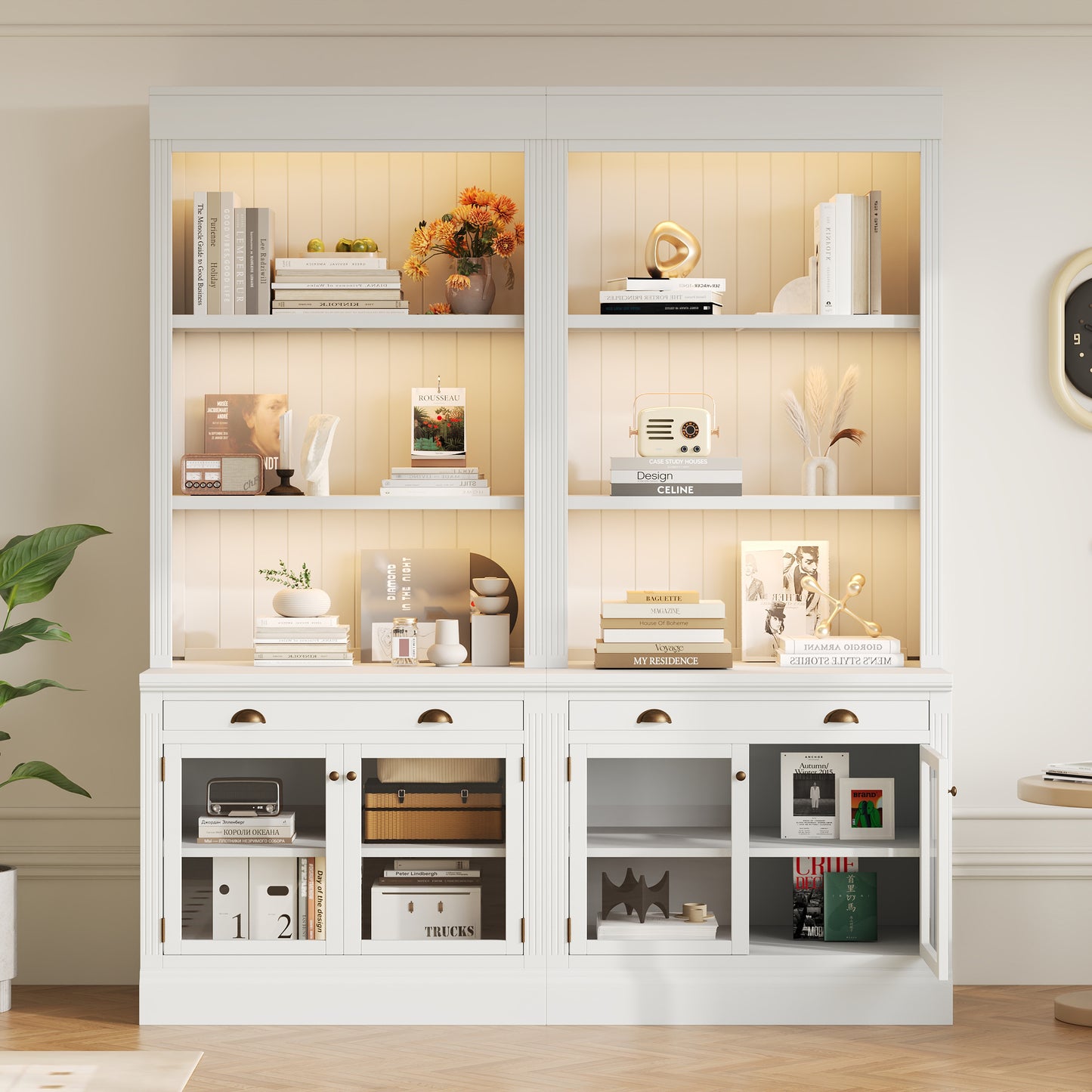 83.4Tall Bookshelf Suite With LED Lighting, Modern Bookcases With Glass Doors And Drawers,2-Piece Set Storage Bookcase Suite With Open Shelves For Living Room,Home Office,White