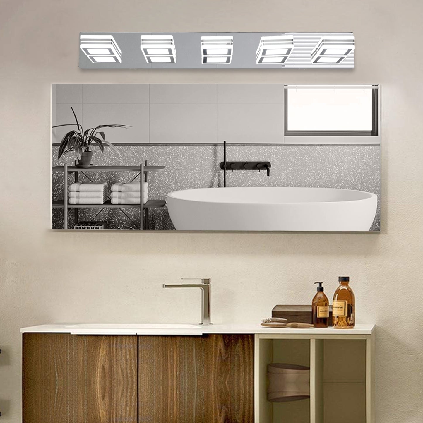 32in  Modern Chrome 5-Light LED Vanity Light, Square Acrylic Lampshades Wall Mount Fixture For Bathroom, Mirror Lighting