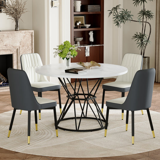 Table And Chair Set.A Circular White MDF Dining Table With A Diameter Of 47.3 Inches, Black Hourglass Shaped Metal Brackets.Paired With 4 White And Dark Gray Spliced Color PU Chairs.