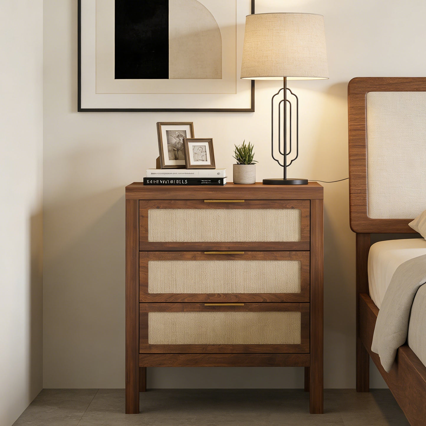 Bedside Table Chest Of Drawers Large Capacity Storage Drawer Design Multifunctional Wooden Night Stand For Bedroom Hallway Entryway Walnut Color