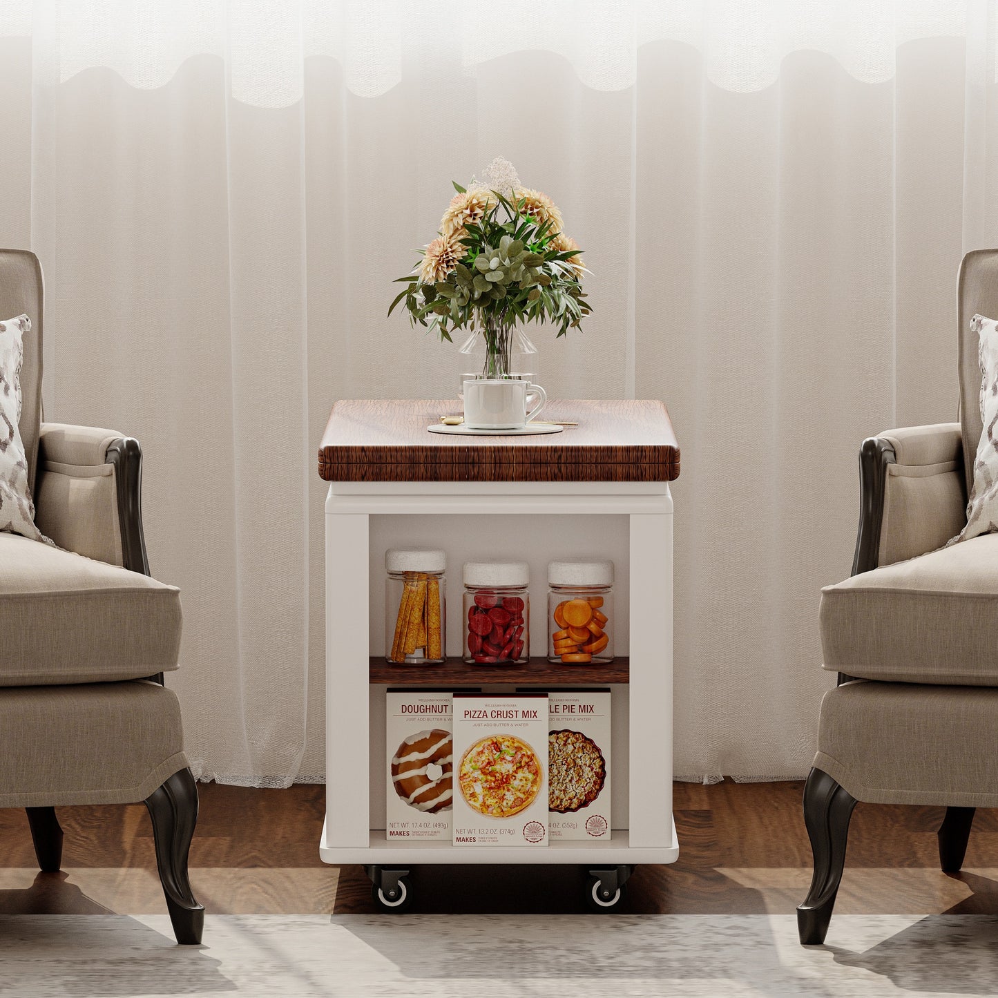 27.6  Modern Multi-Function Coffee Table Side Table With Foldable Top & Casters, Multi-tier Storage, White & Walnut
