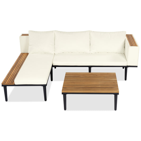 Luxury Patio Furniture Set With Removable Cushions And Coffee Table, L-Shaped  Acacia Wood Sofa With Side Table, Outdoor Conversation Sectional Sofa  For Backyard, Porch, Beige