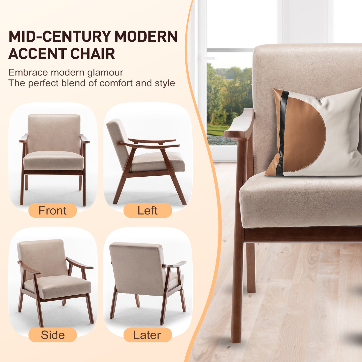 Mid-Century Modern Chair, Living Room Chair With Solid Wood Frame, Accent Chair Extra-Thick Backrest, Wingback Chair For Bedroom, Reading Room, Living Room, Lounge Chair Indoor