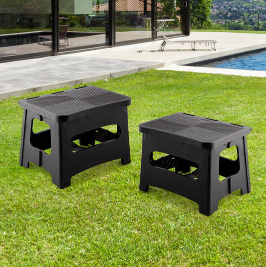 9in Folding Step Stool, Compact, Portable, Non-Slip, 300 Lbs. Weight Capacity For Adults And Children. Secure Non-slip Top And Rubber Feet, Great For Home And Camping, Black Color