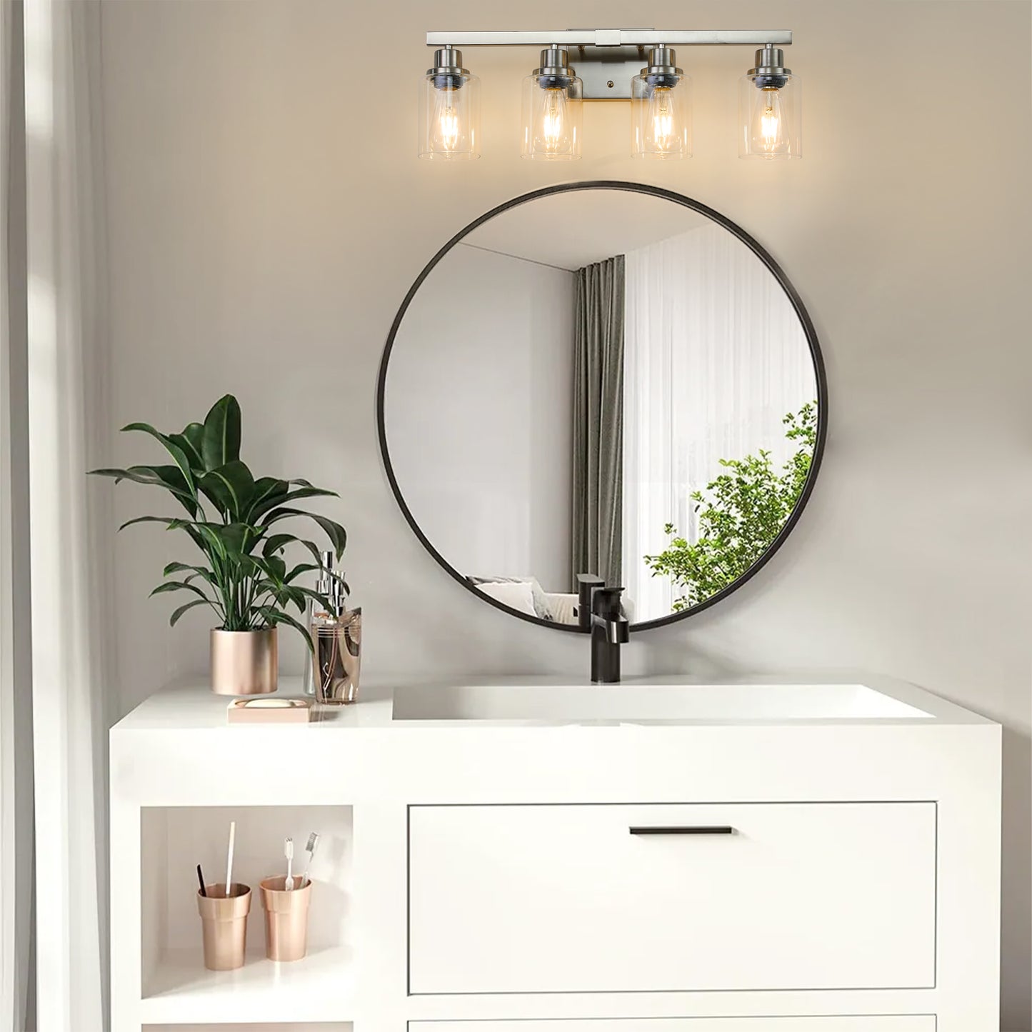 24  Modern 4-Light Bathroom Vanity Light Fixture - Brushed Nickel Finish With Clear Glass Shades, Perfect For Bathroom, Vanity, And Dressing Area Lighting No Bulbs
