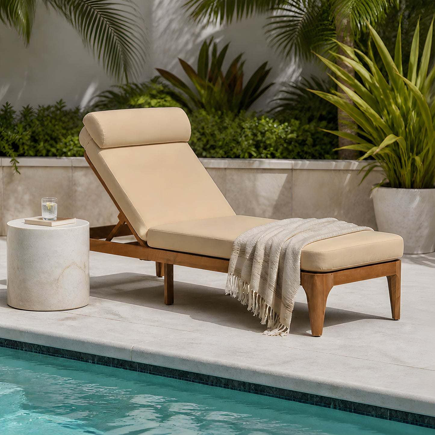 TOPMAX Acacia Wood Chaise Lounge, Outdoor Sun Lounge Chair, Patio Recliner With Adjustable Backrest And Head Pillow For Poolside, Backyard, Garden, Indoor&Outdoor, Coffee Brown