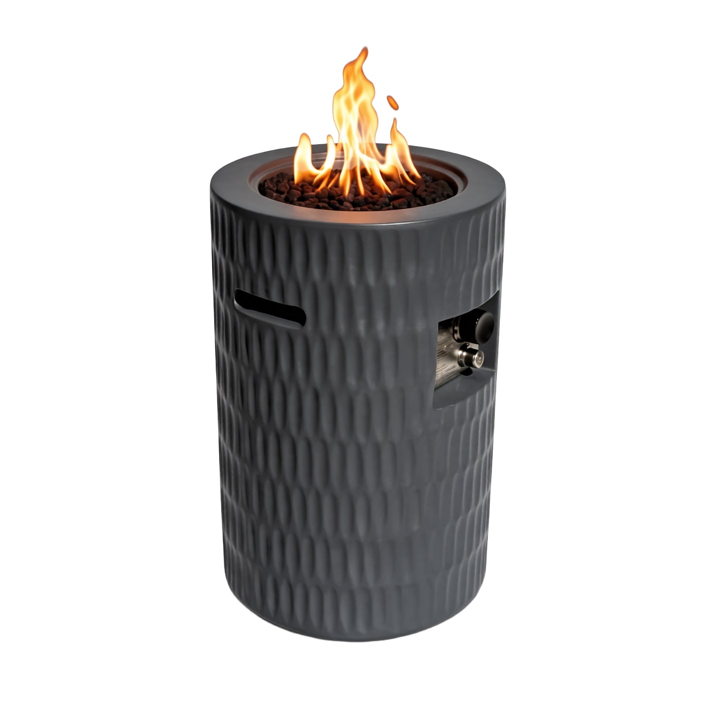 26 Propane Fire Pit Outdoor Gas Patio Fire Pit 40000 BTU Cylindrical Concrete Fire Pit With Hidden 20lb Tank Storage,Modern Textured Fire Column,Includes Lava Rocks &Waterproof Cover  Dark Grey