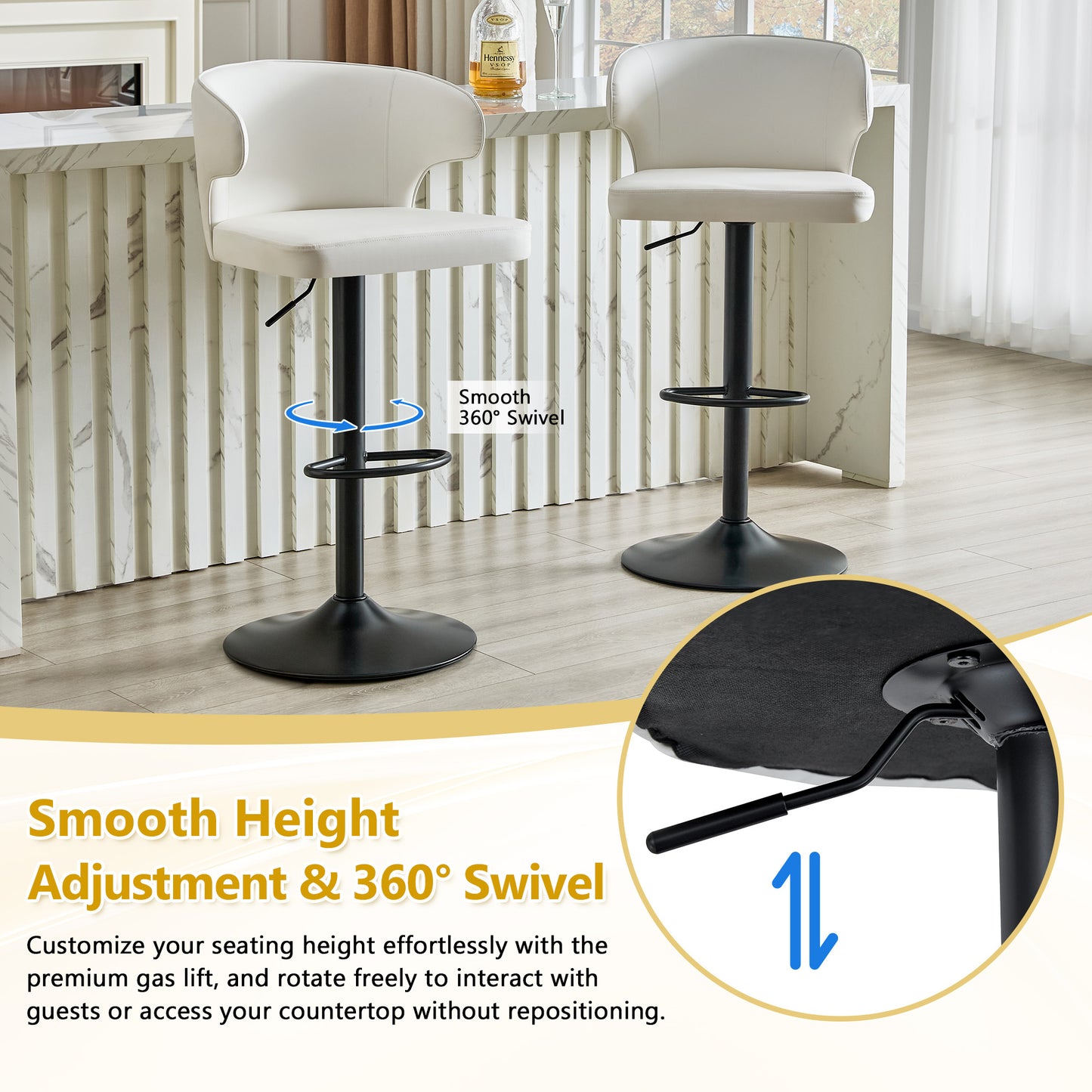Modern Rotating Adjustable Bar Chair, PU Leather Belt Backrest Swivel Chair, Suitable For Kitchen Bar Counter And Dining Room, Adjustable Height, Capable Of Bearing 300 Pounds  White -2 Pieces