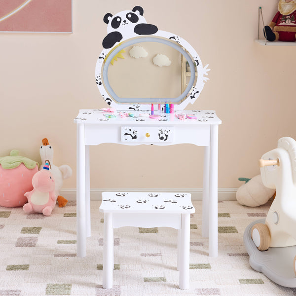 Black And White Panda MDF Painted Finish, Solid Wood Legs, 1-drawer Children's Dressing Table Set, LED Three-color Backlit Touch Switch