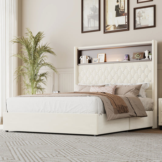 Full Size Velvet Tufted Soft Bed Frame With USB Port And Night Light,52High Headboard With Rivet Decoration,Wing-back Platform Bed With Headboard Shelf,Beige