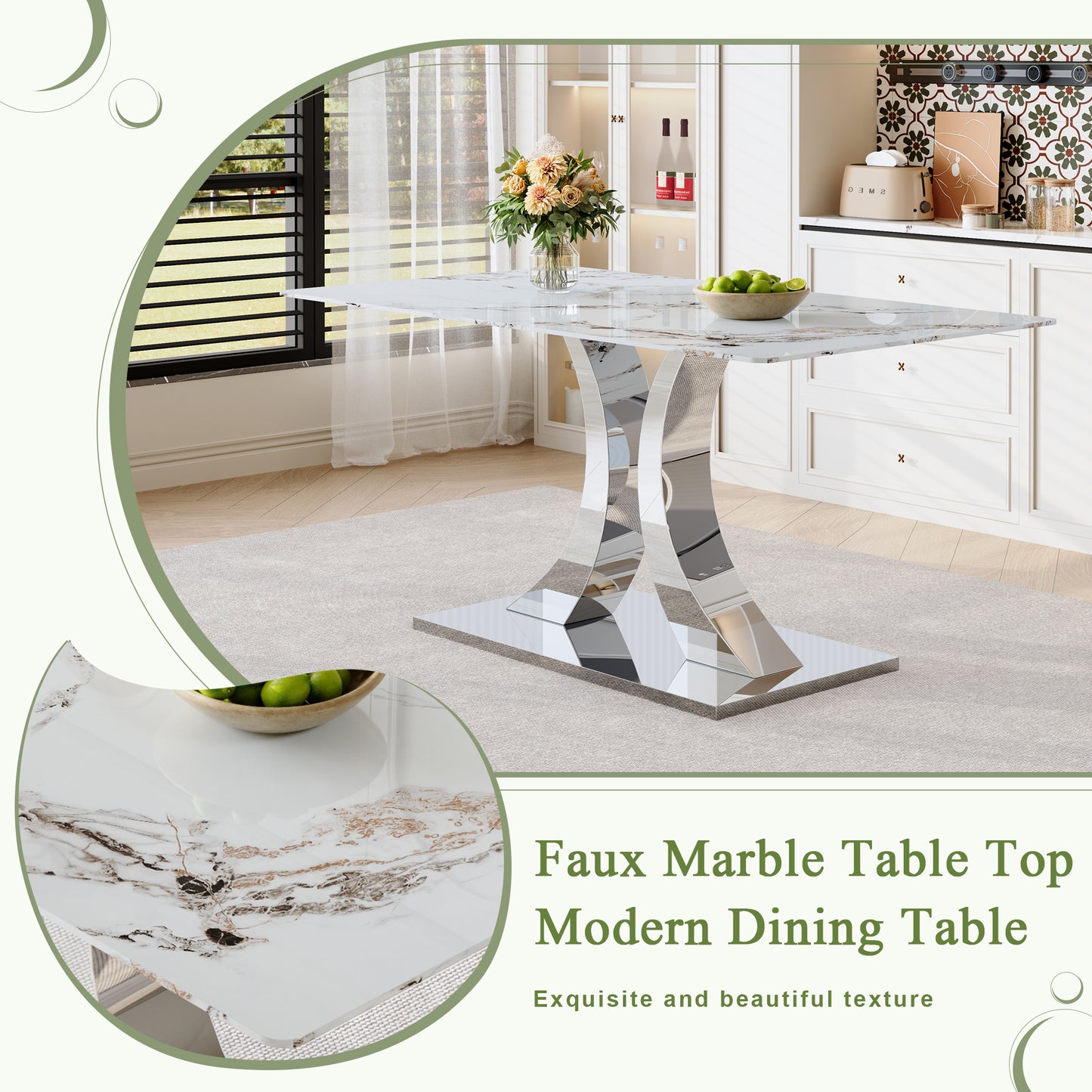 Transformable Heavy-Duty Stainless Steel Base In Silver 63in X 35in Dining Table  Luxury Pandora White Pattern Tempered Glass Rock Top For Kitchen Dining Room