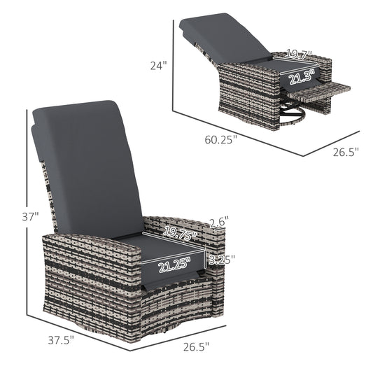 Outdoor Wicker Swivel Recliner Chair, Lifting Footrest, 360° Rotating Basic, Water-resistant Cushions, Gray