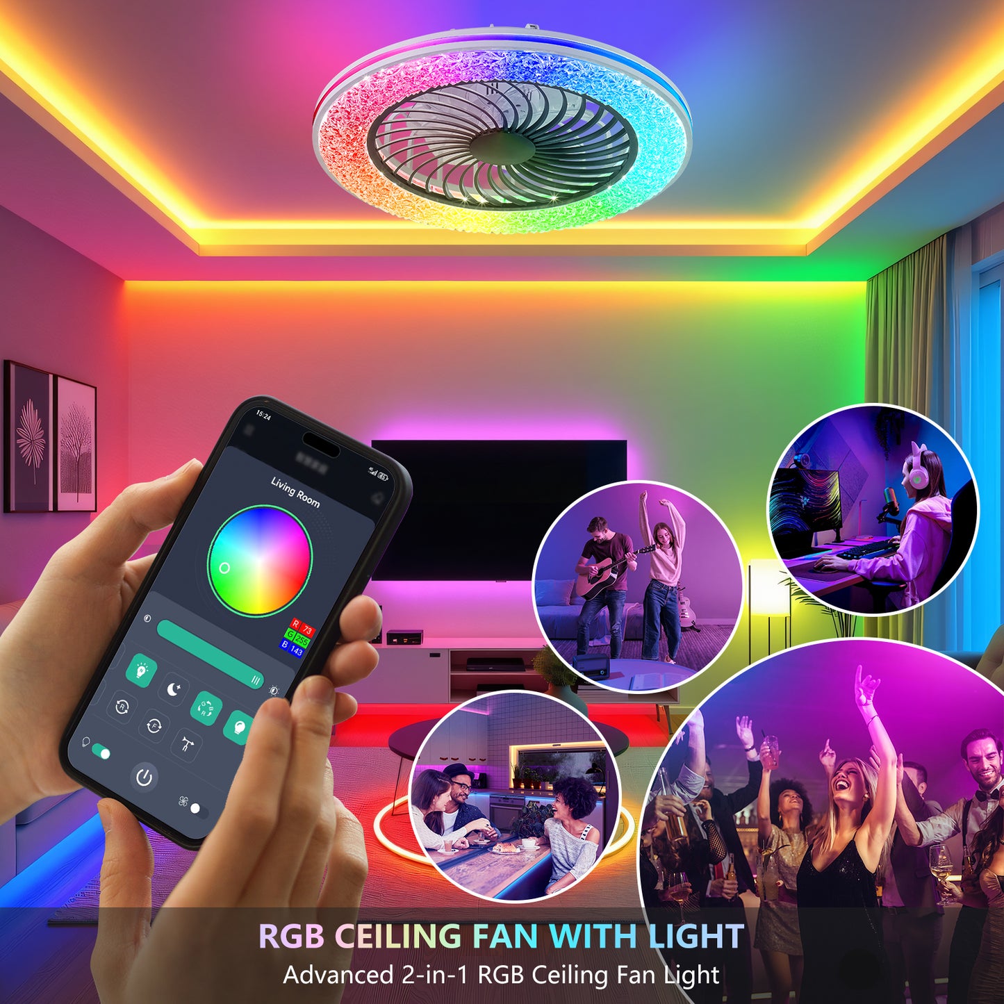 23 Inch Led Enclosed Ceiling Fans With Lights, RGB Bladeless Modern Ceiling Fan Low Profile For Living Room 23 Inch