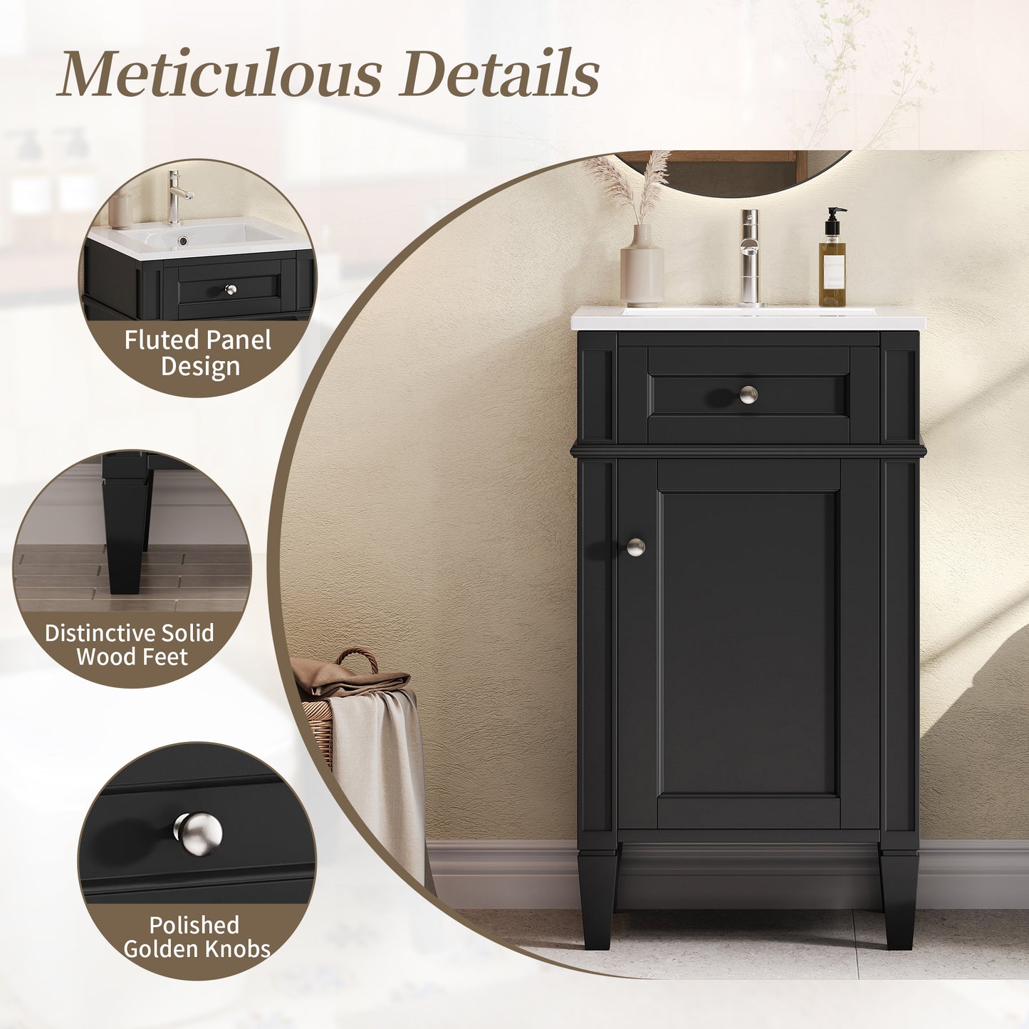 18-inch Bathroom Vanity With Ceramic Sink, Freestanding Single Vanity Set With Soft Closing Door, Adjustable Shelf, French Style, Solid Feet, Black