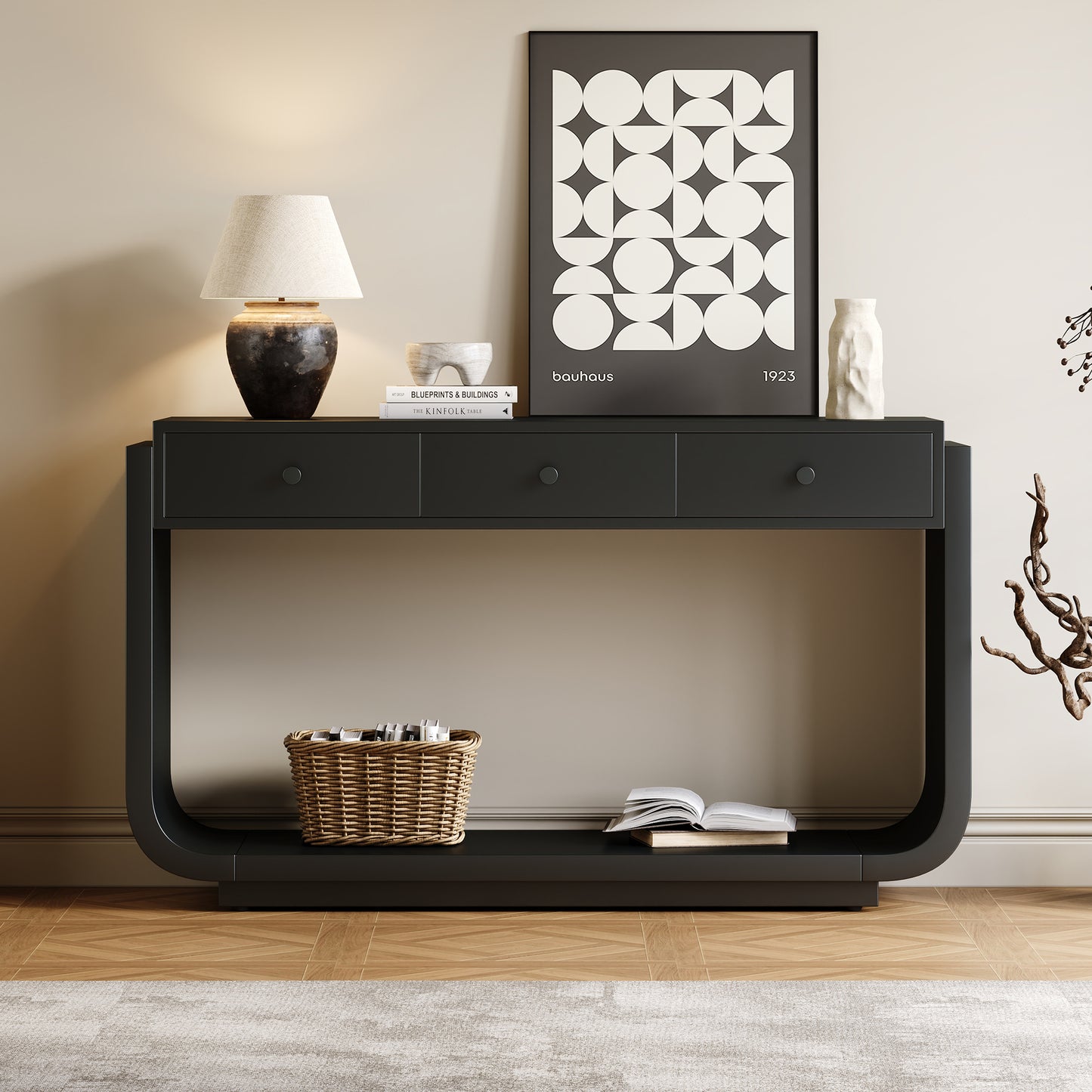 Classic-Style Console Table, 3 Storage Drawers, Display Shelf, Curved Legs, Painted Finish, Entryway Hallway Living Room, Black