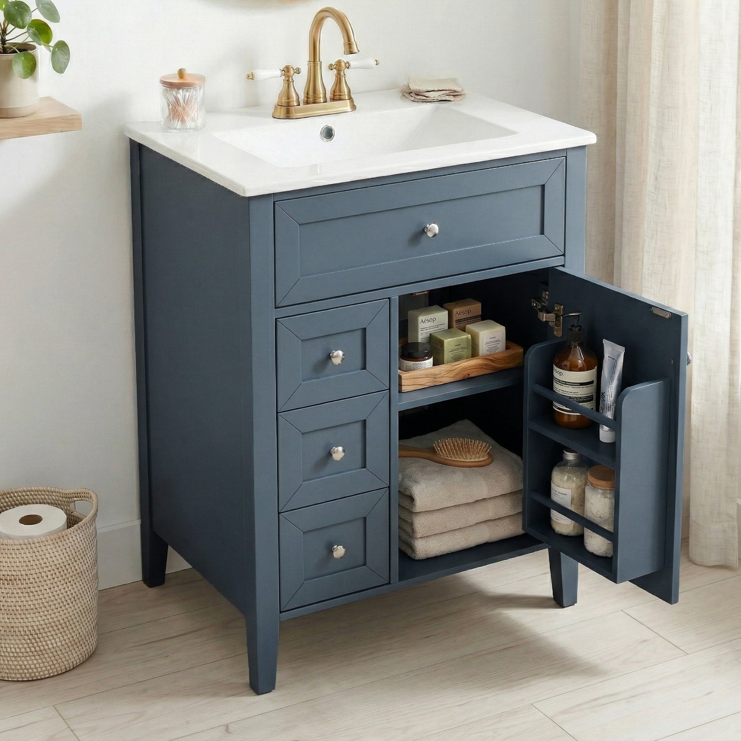 24  Bathroom Vanity With Sink,Ceramic Sink,Bathroom Cabinet With 1 Tip-out Drawers And 2 Pull-out Storage Drawers, Soft-Closing Door With Storage Rack, Solid Wood Legs, One Package, Blue Gray