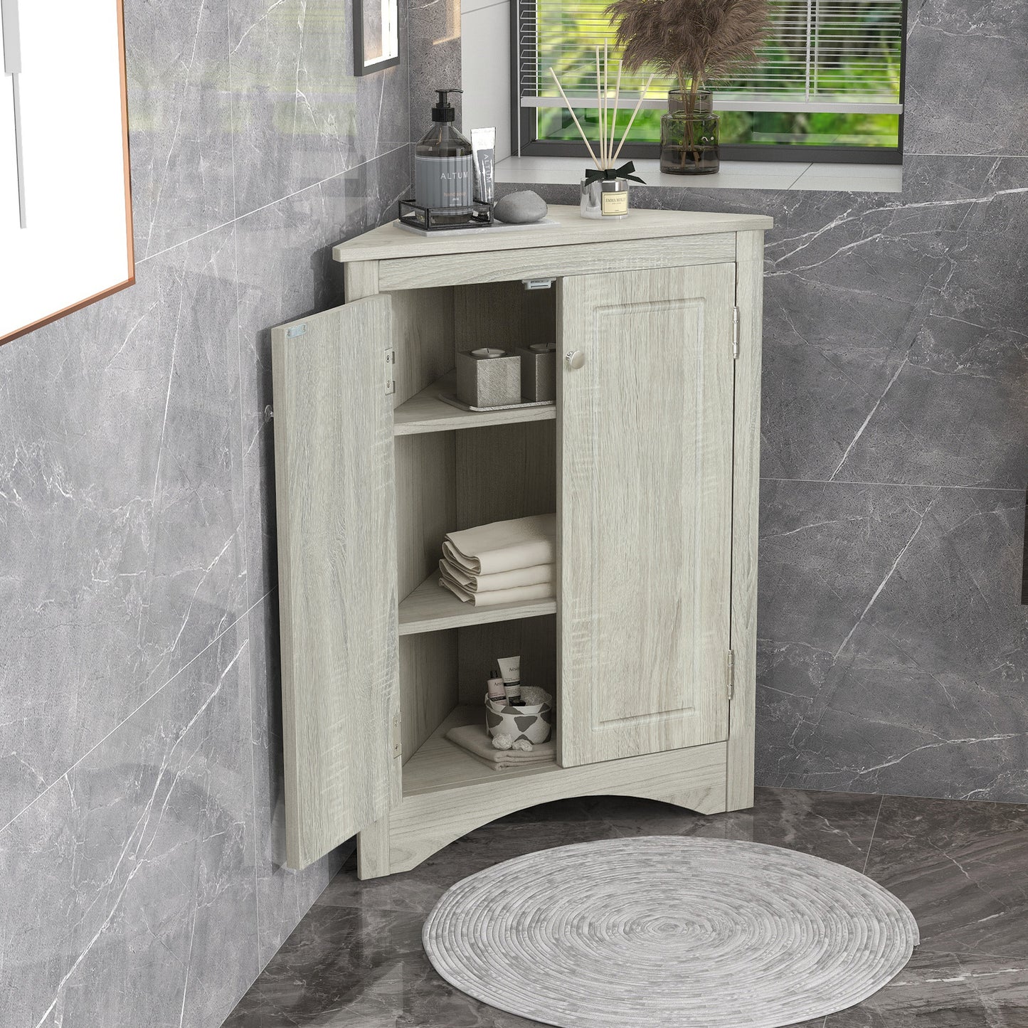 Oak Triangle Bathroom Storage Cabinet With Adjustable Shelves, Freestanding Floor Cabinet For Home Kitchen