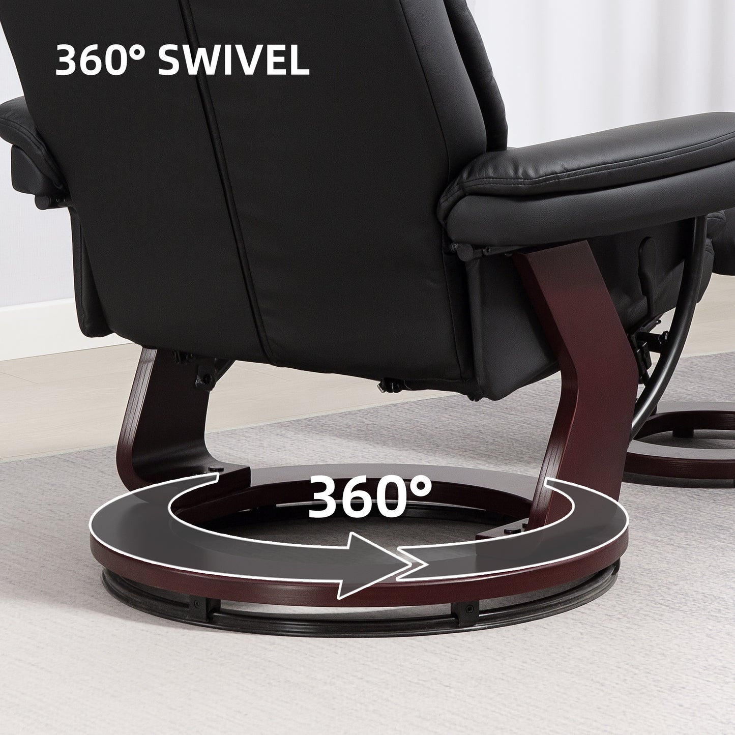 Swivel Recliner With Ottoman, PU Leather Reclining Chair With Footrest, For Living Room, Bedroom, Black