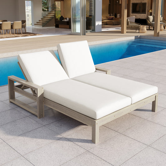 TREXM Outdoor Double Lounge Chair With 5-Position Adjustable Backrest For Each Seat  Wood Patio Chaise Lounge With Removable Cushions For Patio  Poolside  Garden  Grey Beige Cushion