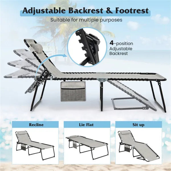 Oversized Patio Chaise Lounge, 27 Wide 4-Position Adjustable Backrest Folding Tanning Chair-Gray
