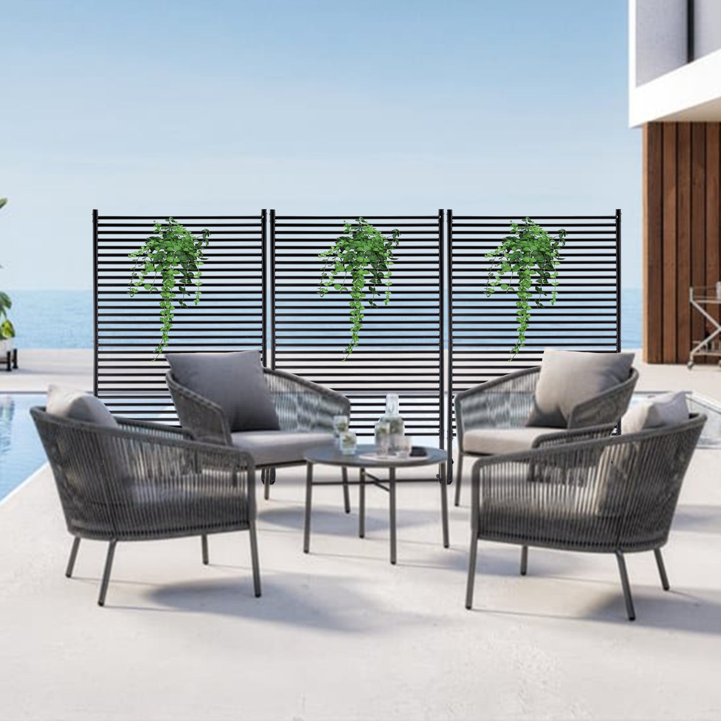71.26x46.65 Outdoor Privacy Screens Freestanding,Metal Privacy Fence Panels For Outside, Slatted Privacy Screens With Stand,Black