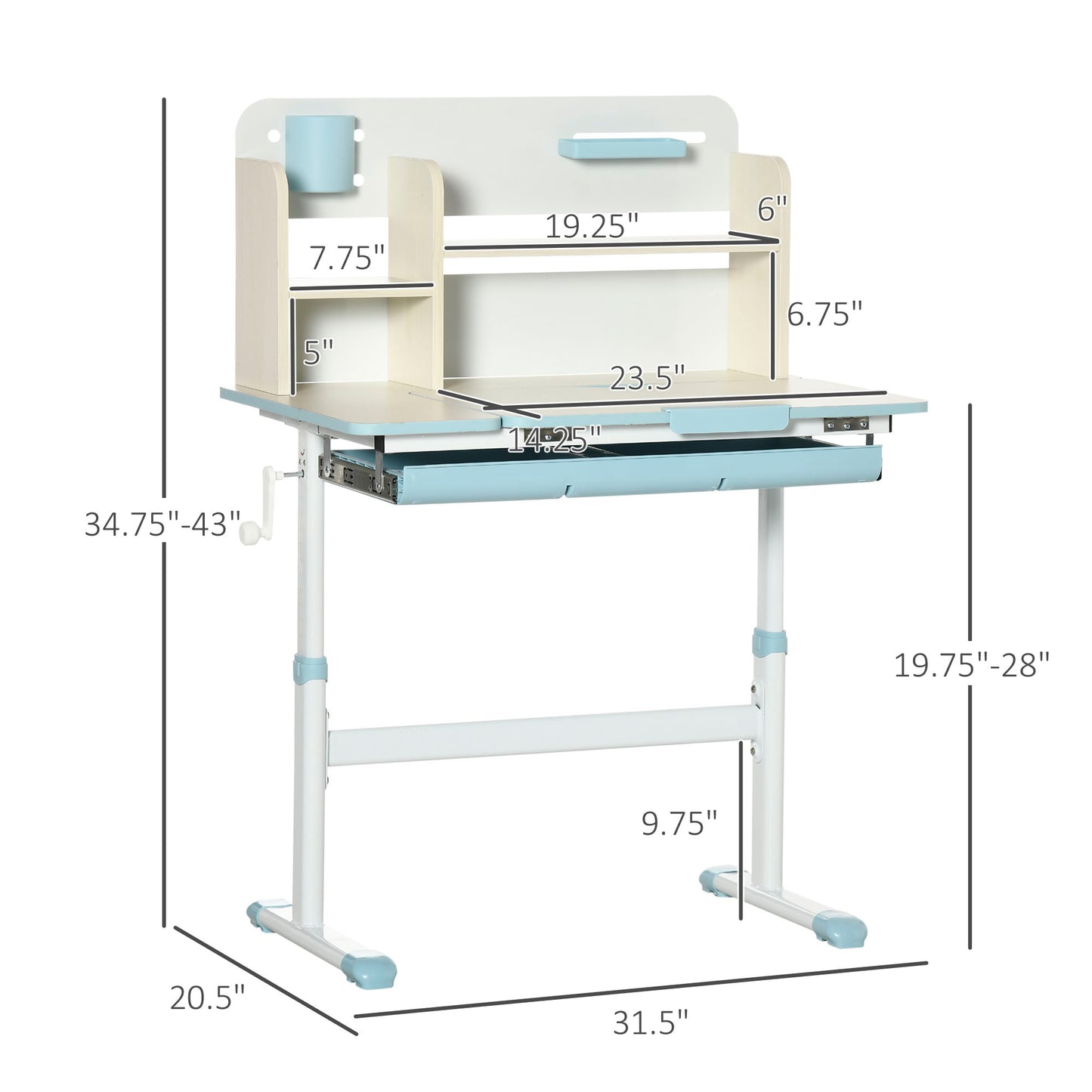 Wooden Kids Study Desk, Height Adjustable Children School Study Table, Student Writing Desk With Tilt Desktop, Drawer, Storage Shelf, Pen Holder, Blue