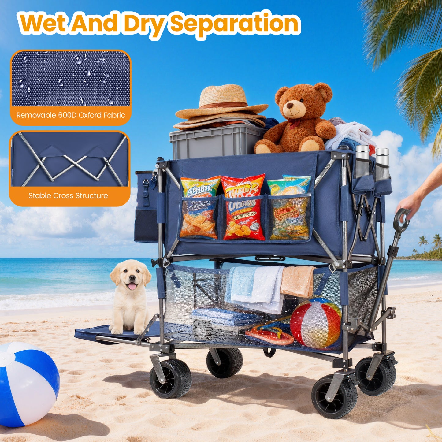 55  Heavy Duty Double- Layer Wagon With Brakes 560LBS Double Decker Wagon  650L Collapsible Wagons Carts With 7 X4 All- Terrain Wheels For Sports Camping Fishing Transport  Dark Blue