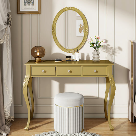 Luxury Makeup Vanity Desk With Oval Mirror, 3-Drawer Dressing Table For Jewelry Storage, Elegant Console Table For Entryway, Living Room & Bedroom, Stylish Home Decor,Gold