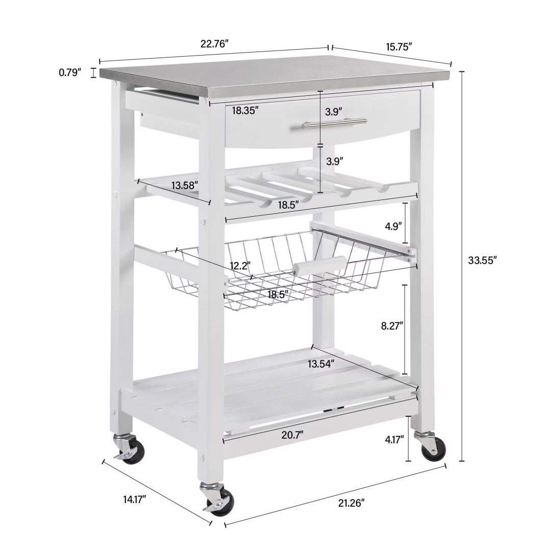 Mobile Rolling Kitchen Island Trolley Serving Cart With Underneath Drawer & Slide-Out Wire Storage Basket