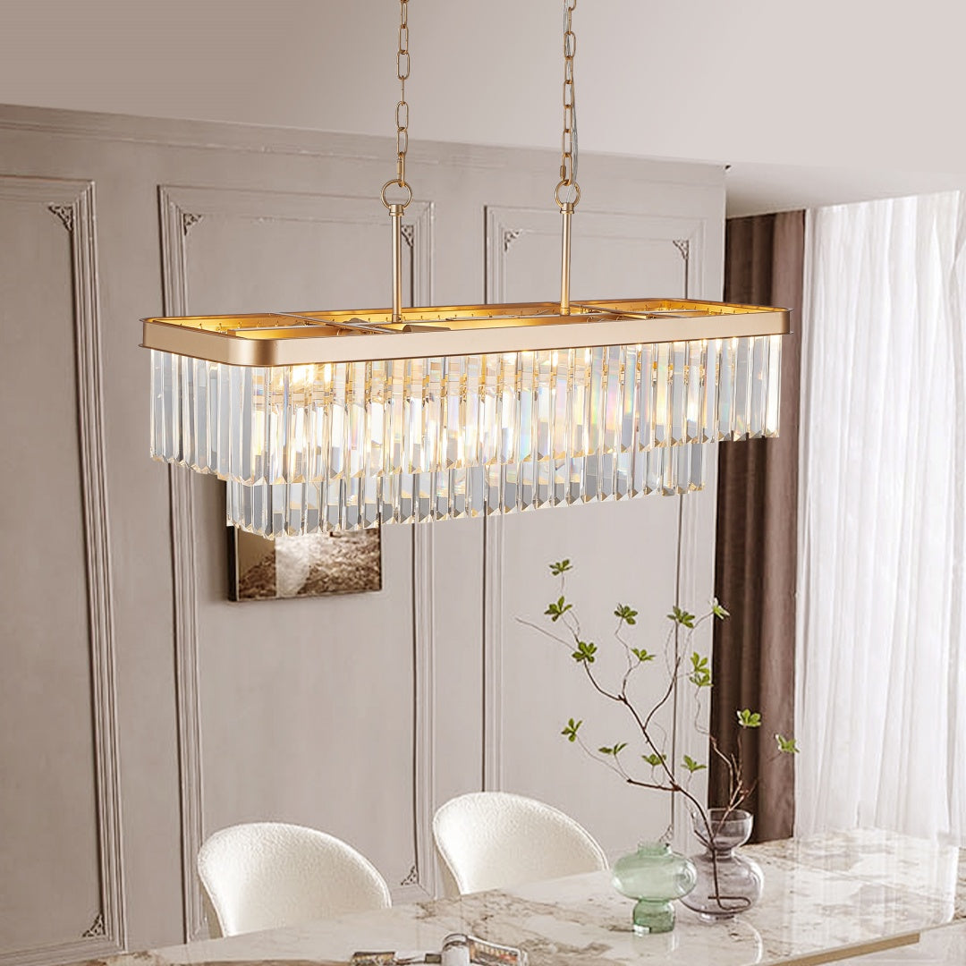 Chandeliers,Rectangular Crystal Chandelier Adjustable,E12 Modern Industrial Crystal Lights,Farmhouse Iron Ceiling Hanging Light For Kitchen Living Room Bedroom-Gold-Bulb Not Included