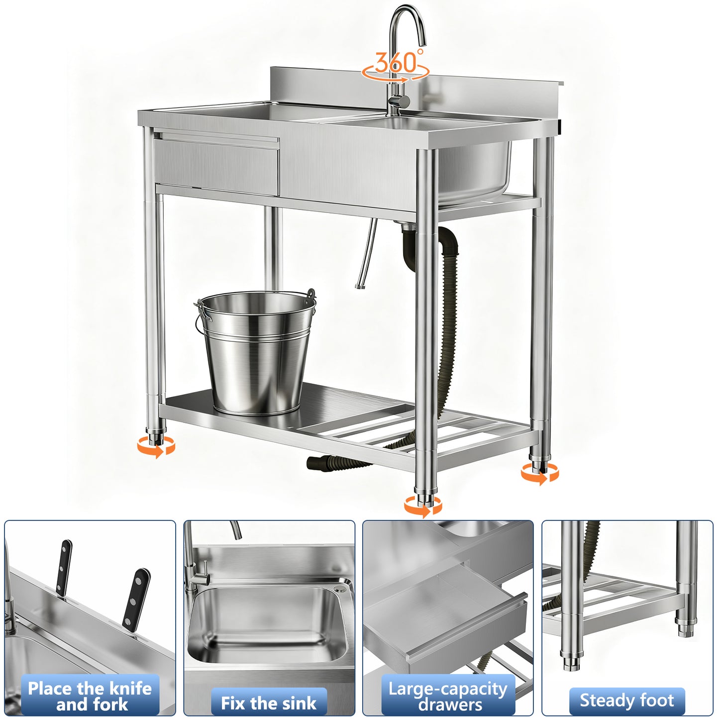 304 Stainless Steel Outdoor Utility Sink With Workbench & Storage Shelf, Freestanding Prep Table With Left Drawer, 39 Garden Patio Sink Station With 360 Hot & Cold Water Faucet