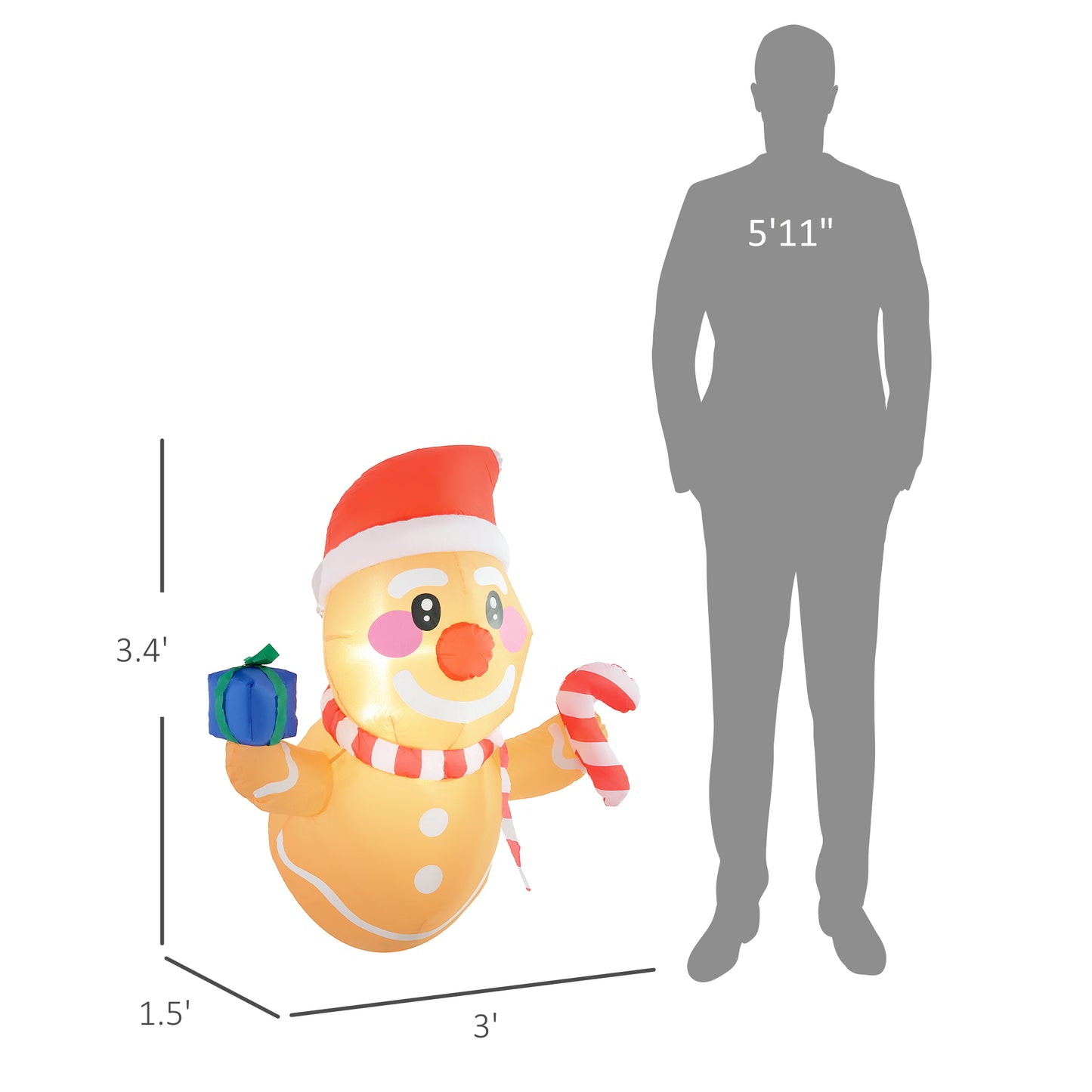 3.4' Inflatable Hanging Gingerbread Man Holding Gift Box & Candy Cane W/ LED Lights, Blow-Up Outdoor Display For Party