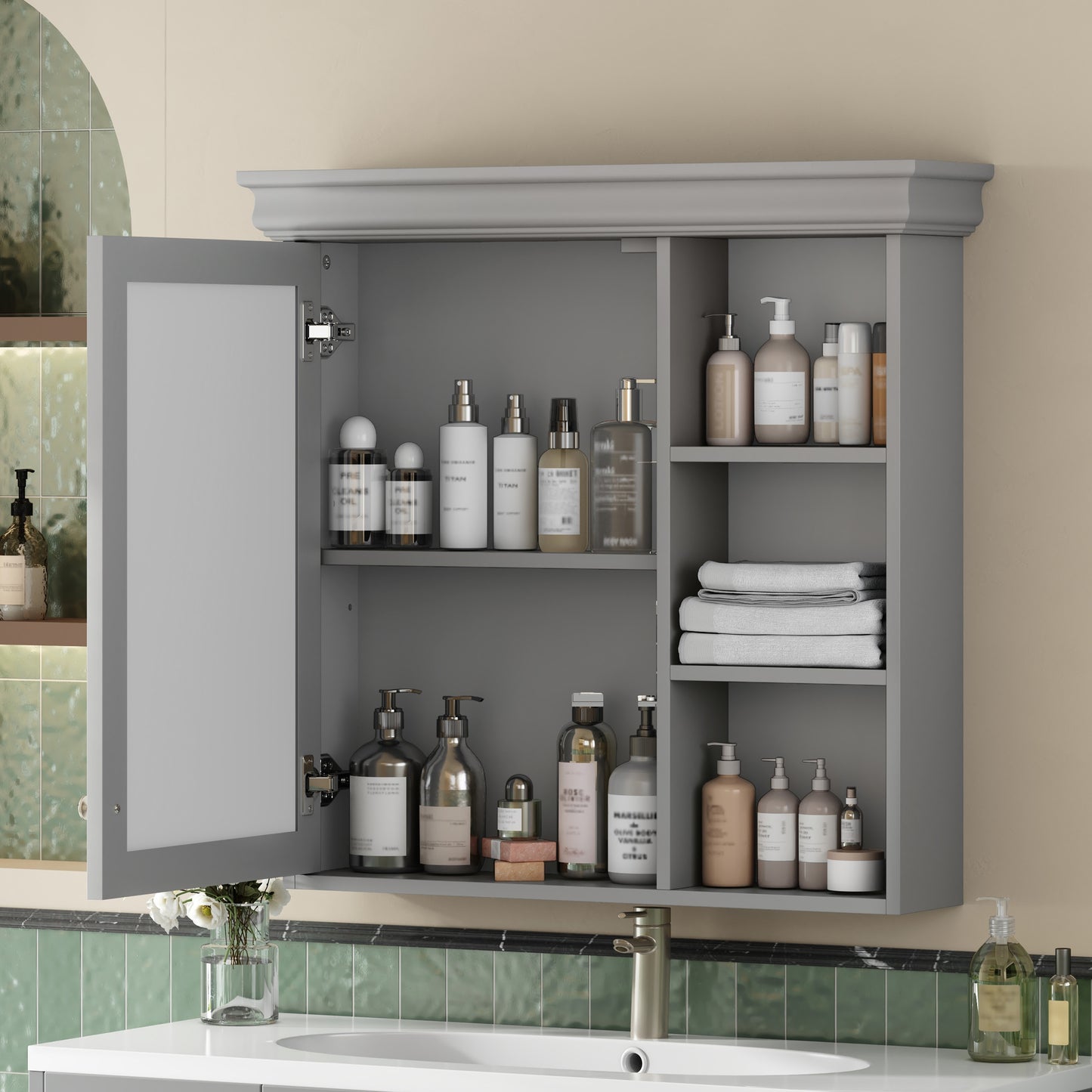 30   X 28   Bathroom Medicine Cabinet With Mirror, Wall Mounted Mirror Cabinet With Storage Organizer, Over The Toilet Storage Storage Cabinet For Bathroom