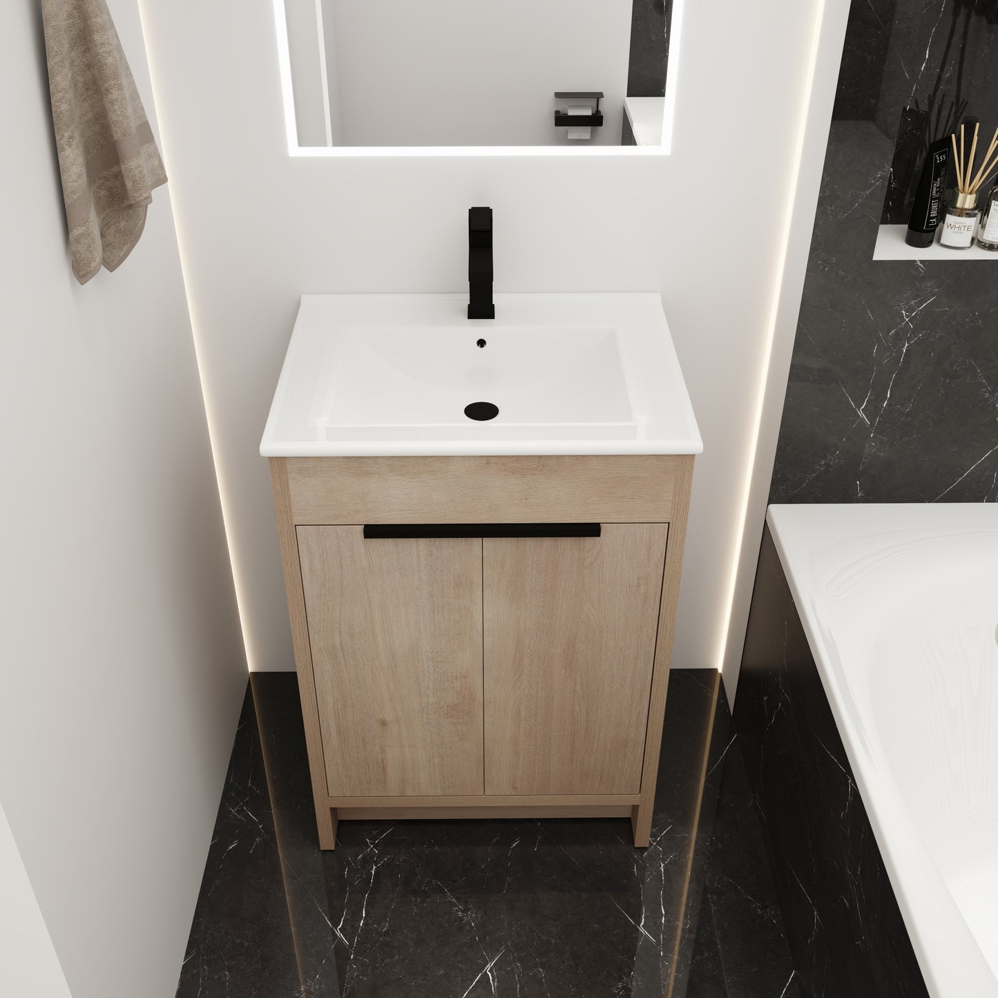 Freestanding Bathroom Vanity With White Ceramic Sink & 2 Soft-Close Cabinet Doors   KD-PACKING ,BVB02424PLO-G-BL9060B ,W1286S00015
