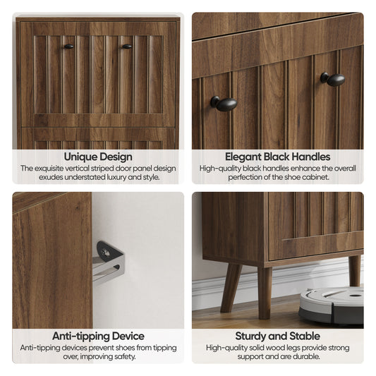 Medieval-style Modern Shoe Cabinet, Upright Shoe Storage Unit With Vertical Grooved Finish, 23.6-inch Walnut-colored Shoe Cabinet, Suitable For Hallways, Passageways And Entrances.