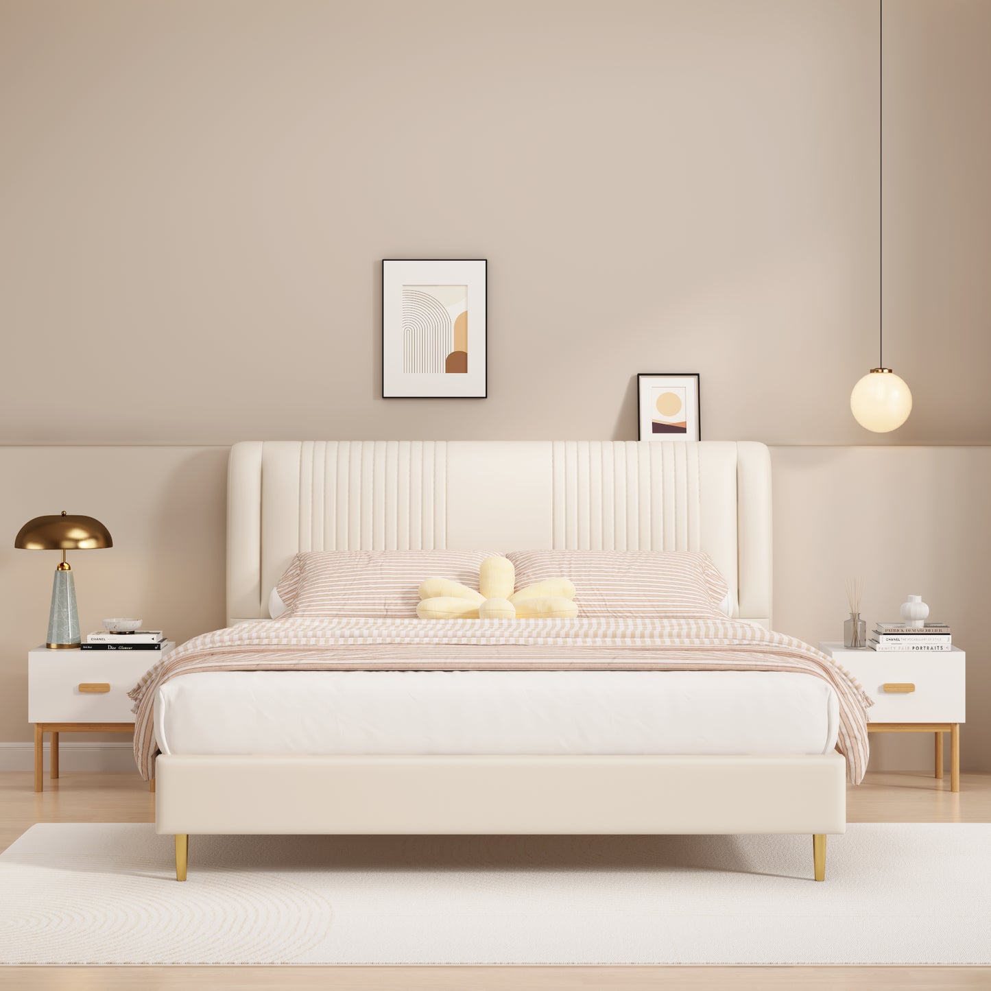 Modern White Nightstand With Drawer And Wood Legs, Minimalist Bedside Table With Handle For Bedroom, Living Room, Apartment