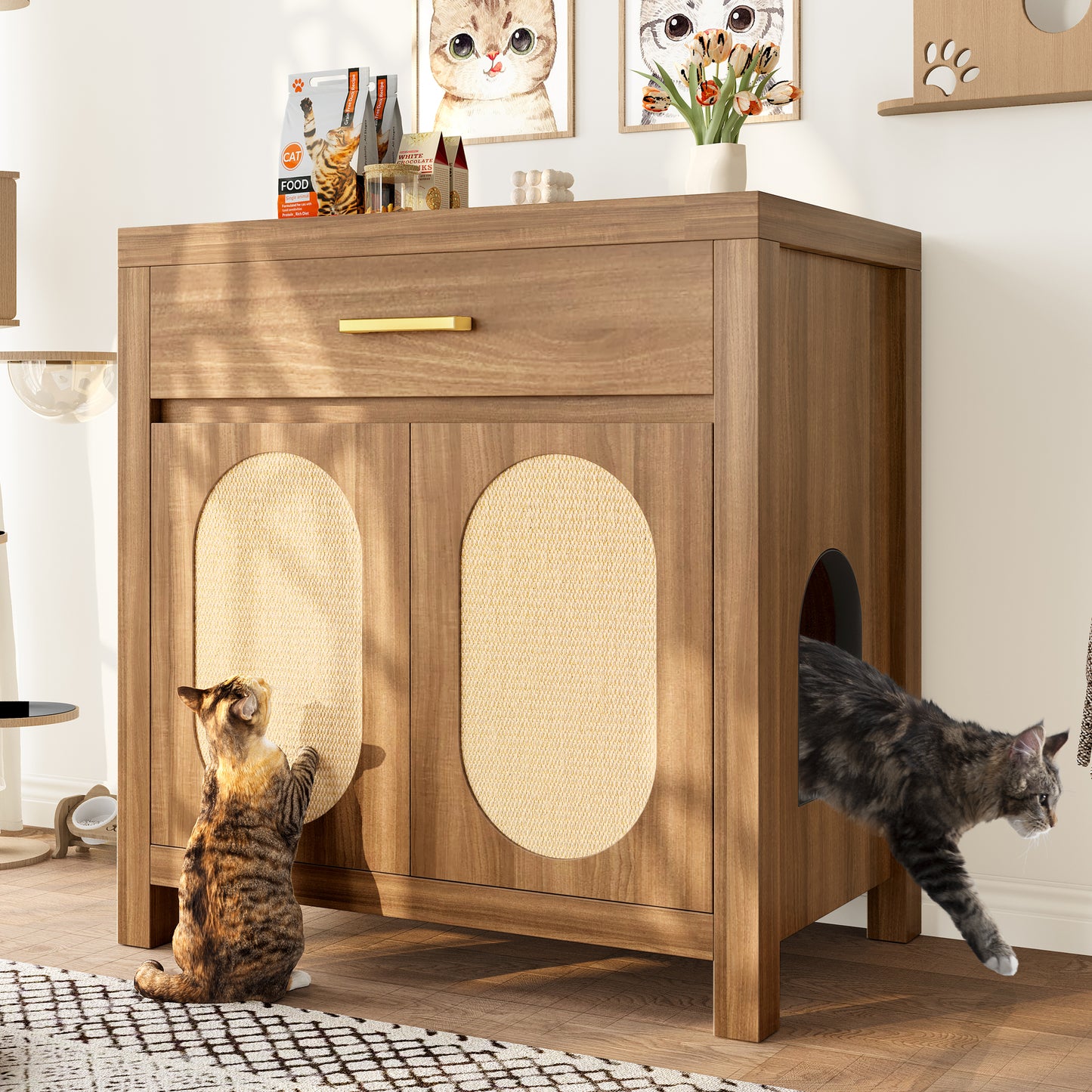 Cat Litter Box Enclosure, Hidden Cat Litter Box Furniture With Scratching Board Doors And Storage Drawer, Wooden Washroom Cat House Table Nightstand Box Cabinet, Espresso