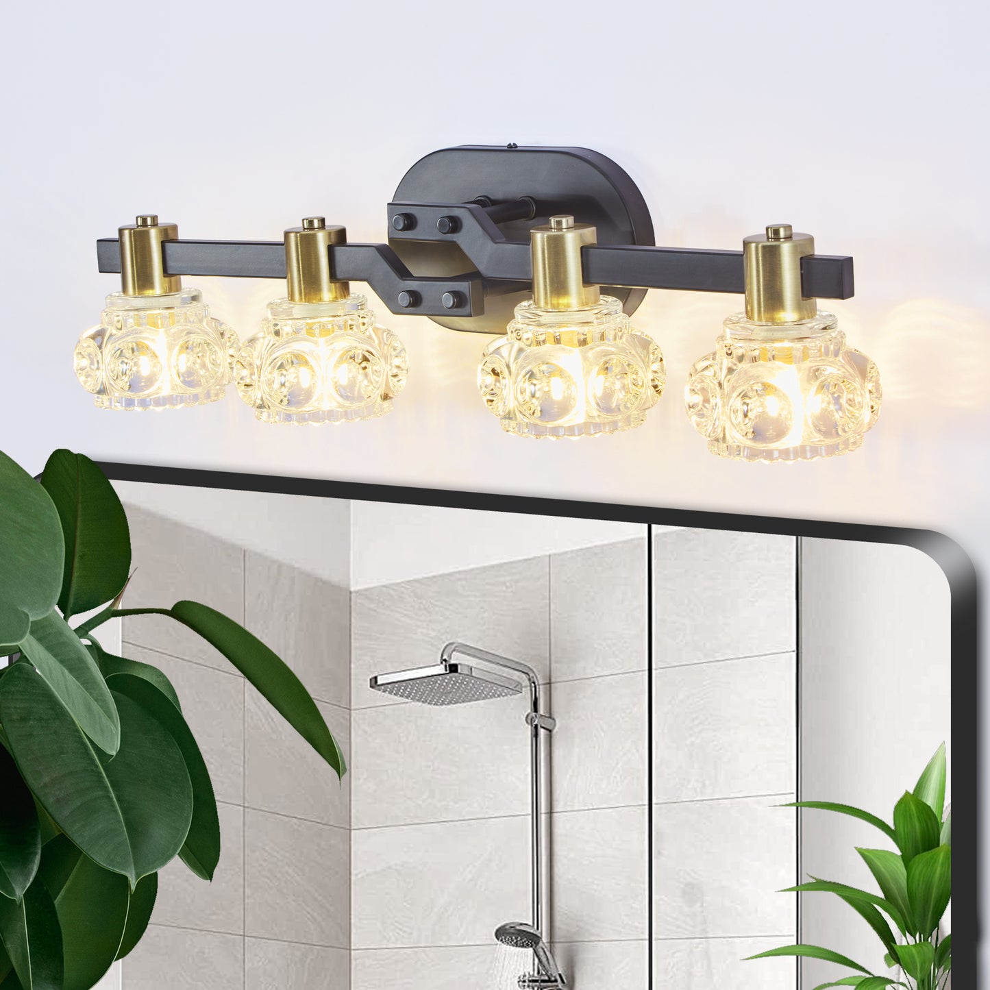 24 Vintage 4-Light Wall Sconce With Clear Crystal Shades, Black Iron Finish Vanity Light Fixture For Bathroom Or Hallway  No Bulbs