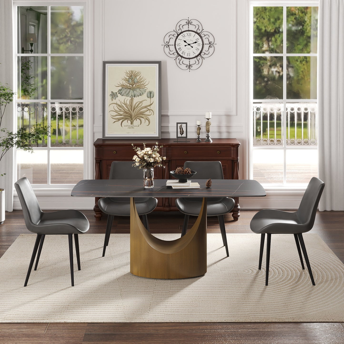 63  Modern Artificial Stone Curved Black Panel Bronze Iron Metal Legs-Can Accommodate 6-8 People