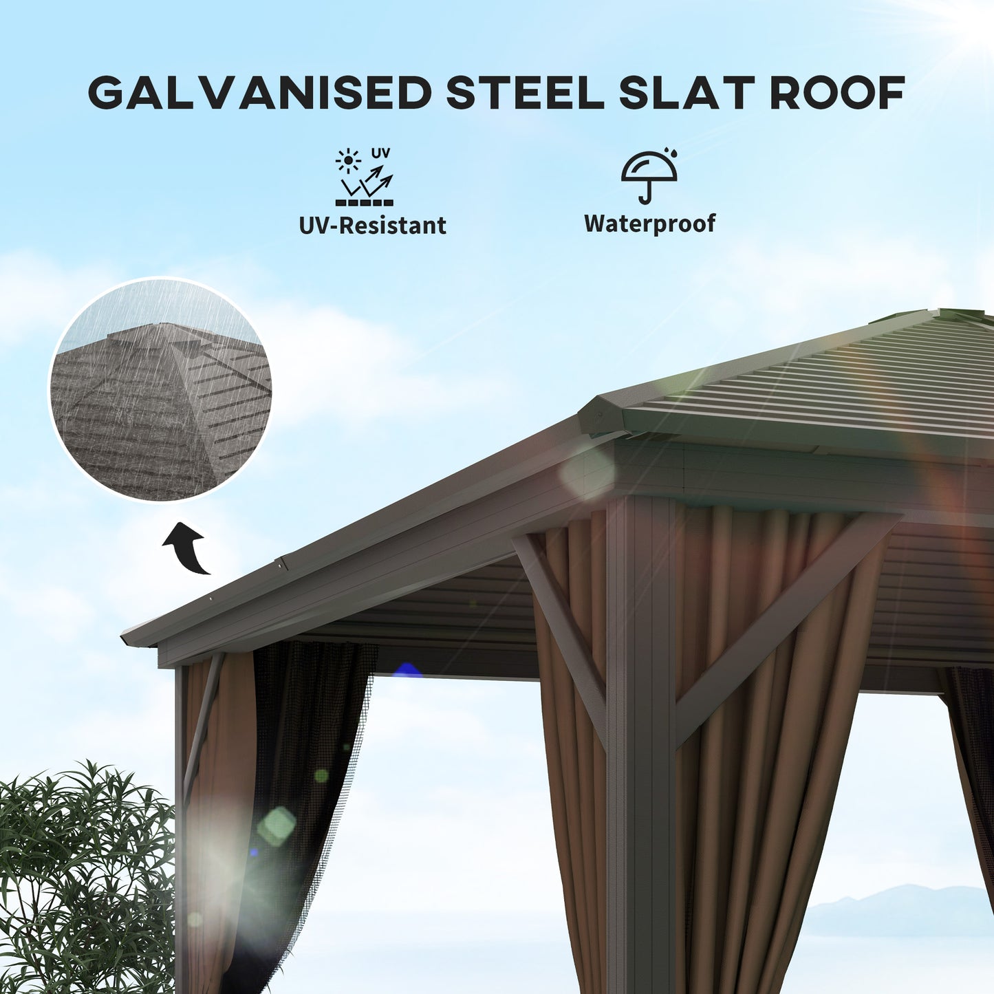 10 X 10 Hardtop Gazebo Canopy, Permanent Pavilion With Hook, Curtains, Aluminum Frame For Patio, Garden, Dark Brown