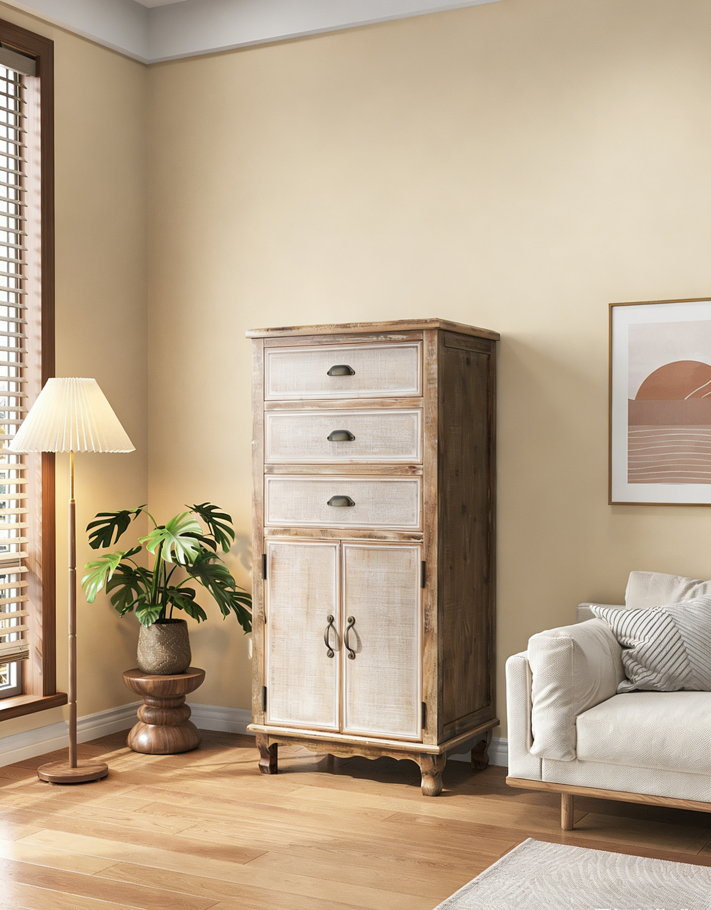 Rustic Wooden Storage Cabinet With Decorative Cutout Door & 3 Drawers, Tall Narrow Organizer For Living Room, Bedroom Antique White