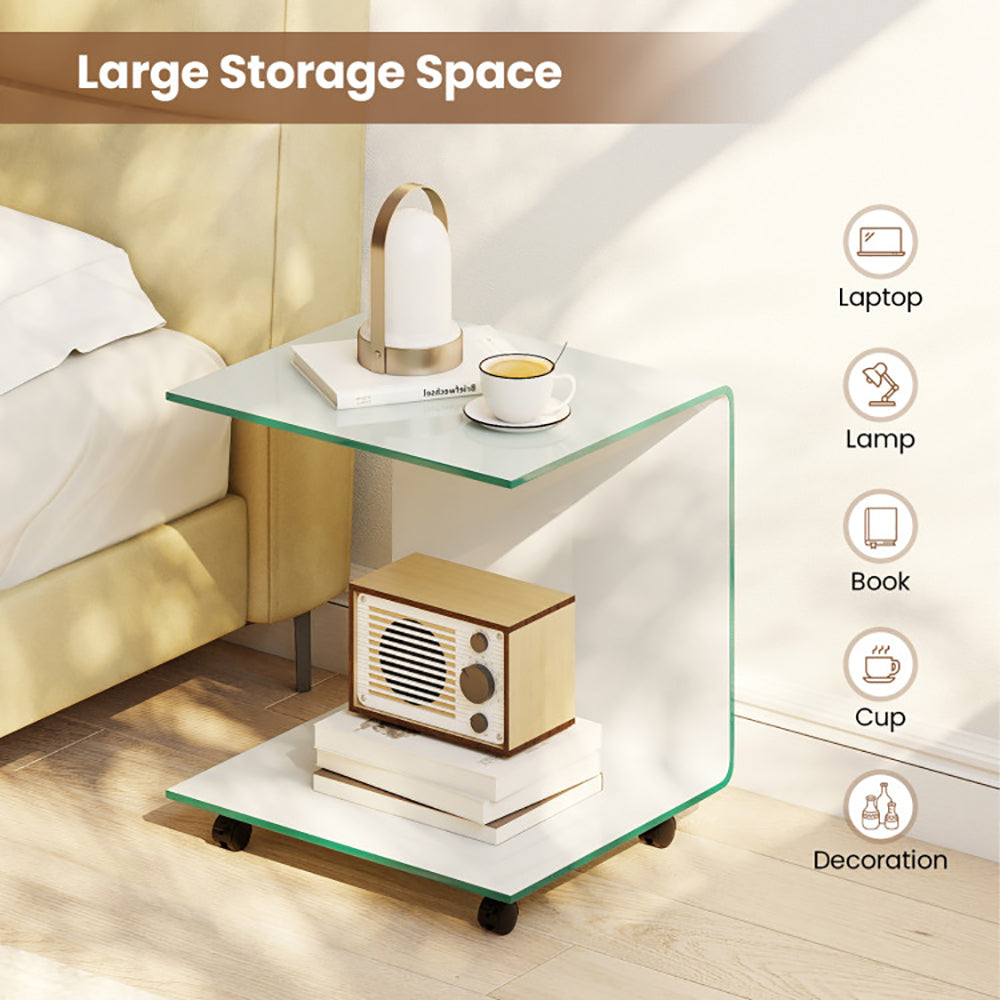 C Shaped End Table Modern Tempered Glass Side Table With Shelf With 4 Swivel Lockable Wheels  Coffee Table, Snack Table, Sofa Table, Laptop Table
