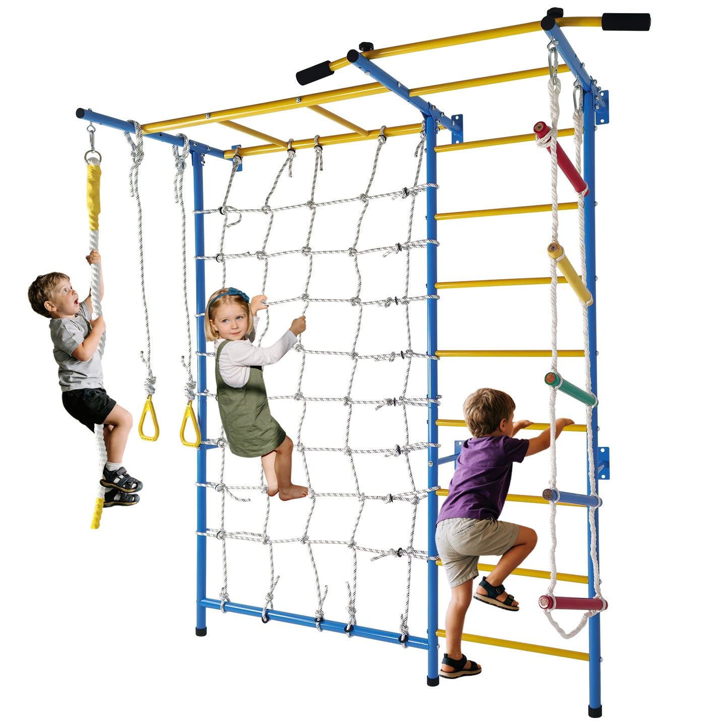 7 In 1 Indoor Playground Laddeer Wall Gym With Monkey Bars,Rope Ladder,Rope Wall, Pull-up Bar, Wall Ladder, Rope, And Gymnastic Rings