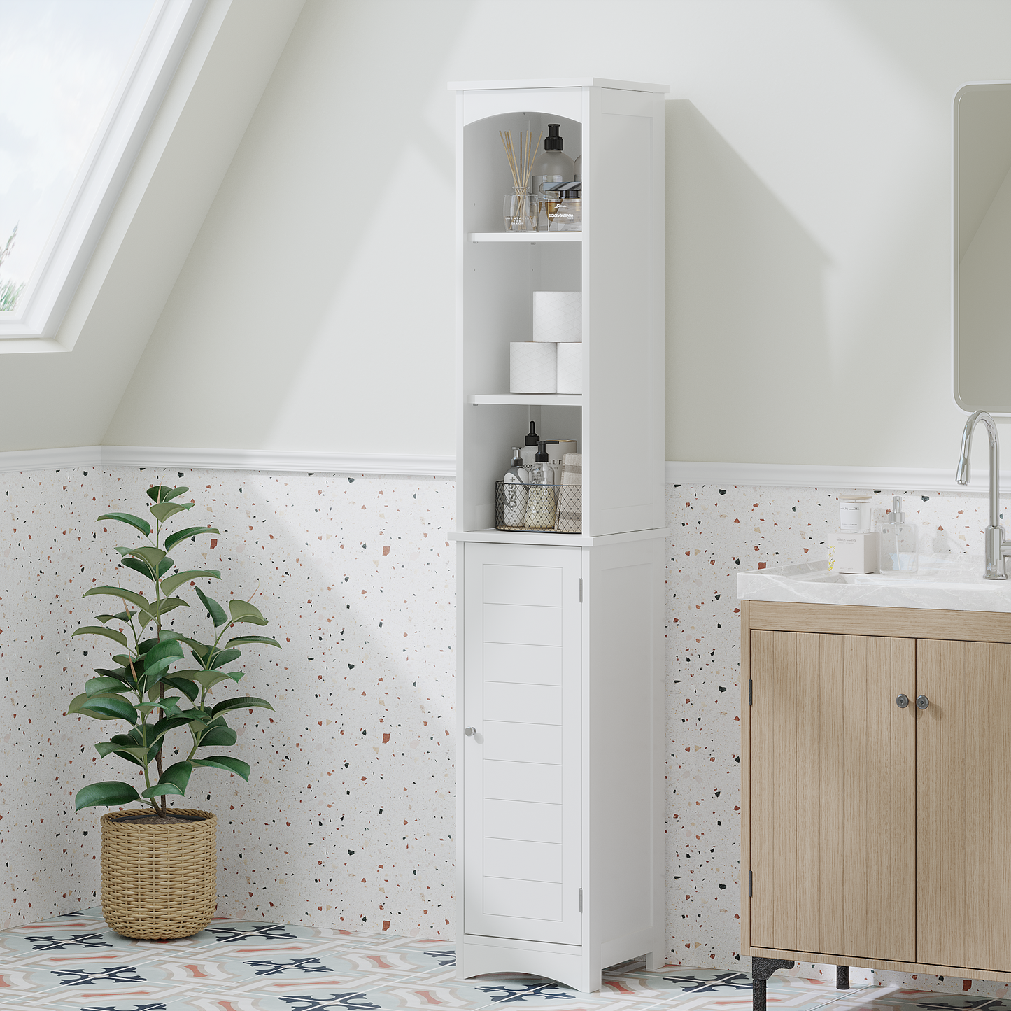 64.17' Tall Bathroom Storage Cabinet With Adjustable Shelves,Slim 1 Doors Freestanding Cabinet With Anti-Tip, Open Compartments, For Home, Small Spaces, Bathroom,Kitchen,