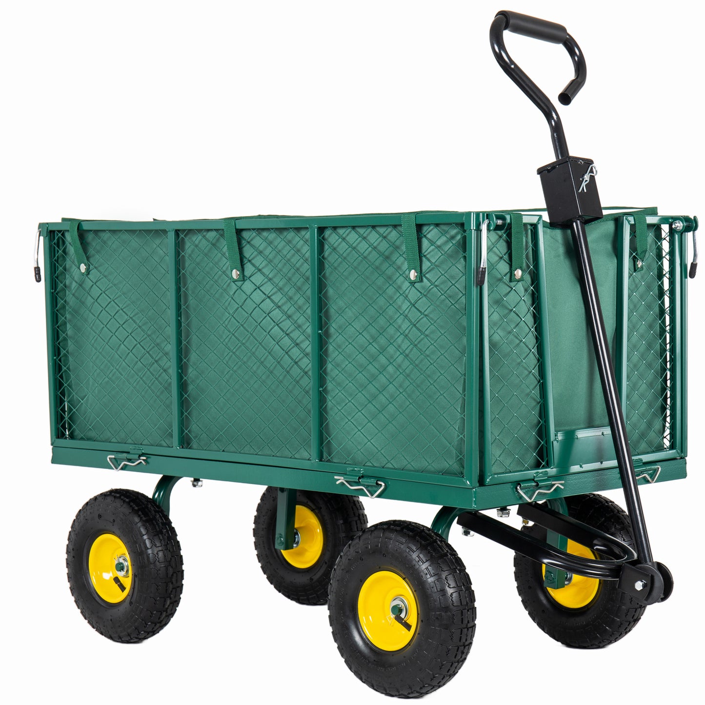 4-in-1 Oversized Steel Dump Garden Cart 880lbs Pullable Mesh Metal Garden Cart All-Terrain Utility Cart With Removable Liner & Side Panels & Mesh Tray For Outdoor Lawn Patio And Landscaping Green